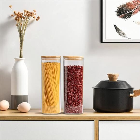 Glass Spaghetti Pasta Storage Containers with Lids 71oz Set of 3, Tall Clear